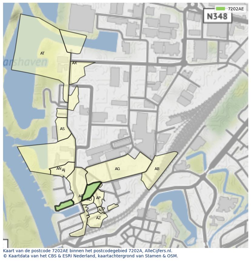 Afbeelding van het postcodegebied 7202 AE op de kaart.