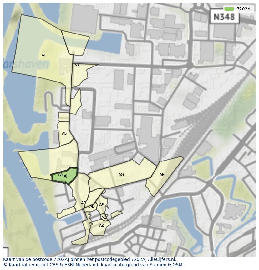 Afbeelding van het postcodegebied 7202 AJ op de kaart.
