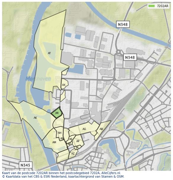 Afbeelding van het postcodegebied 7202 AR op de kaart.