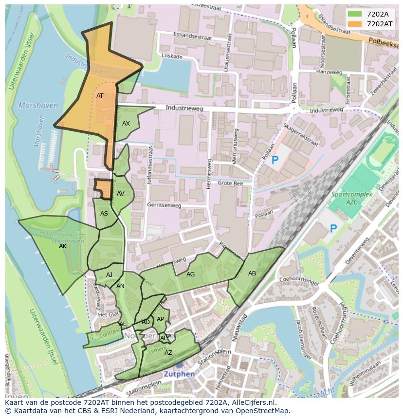 Afbeelding van het postcodegebied 7202 AT op de kaart.