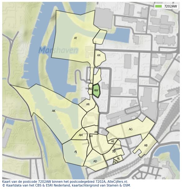 Afbeelding van het postcodegebied 7202 AW op de kaart.