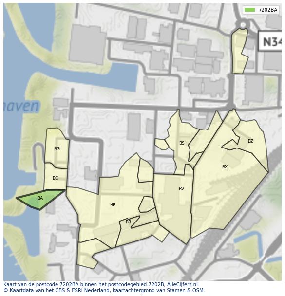 Afbeelding van het postcodegebied 7202 BA op de kaart.