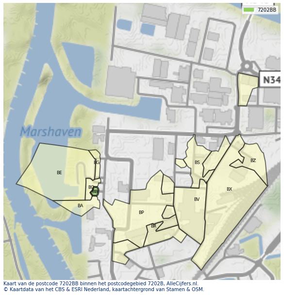 Afbeelding van het postcodegebied 7202 BB op de kaart.