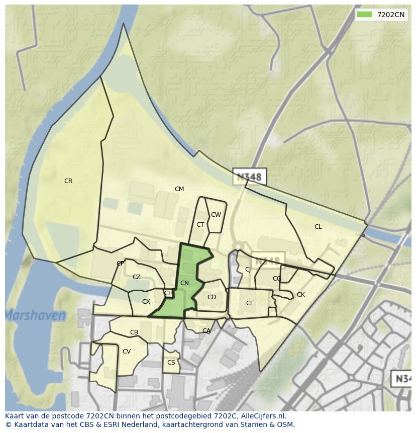 Afbeelding van het postcodegebied 7202 CN op de kaart.
