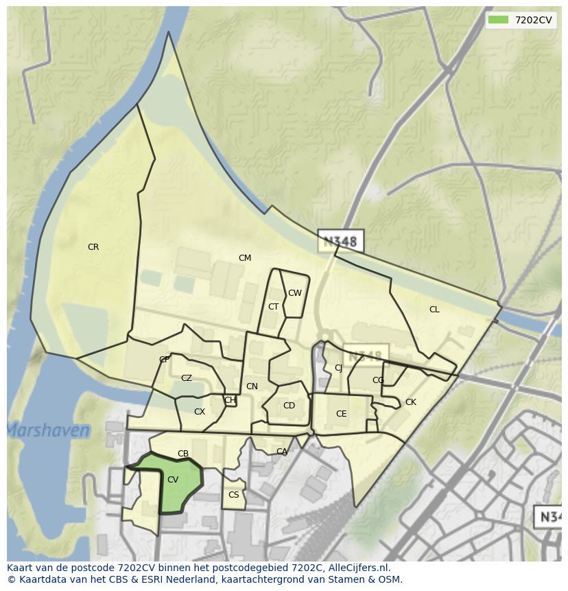 Afbeelding van het postcodegebied 7202 CV op de kaart.