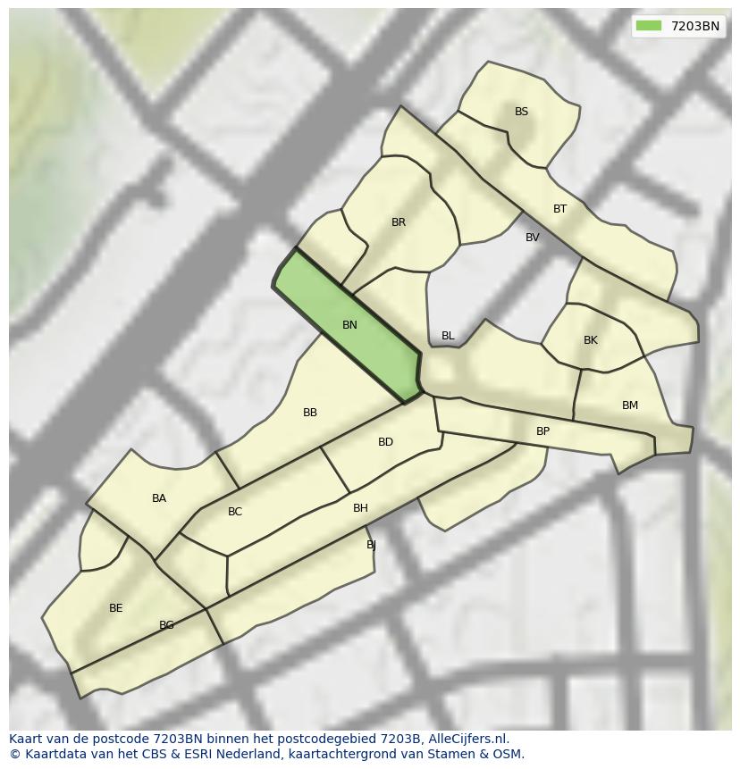 Afbeelding van het postcodegebied 7203 BN op de kaart.