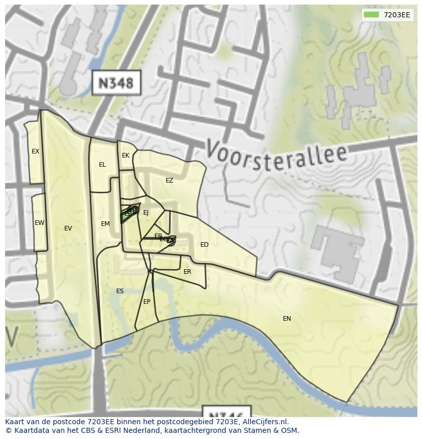 Afbeelding van het postcodegebied 7203 EE op de kaart.