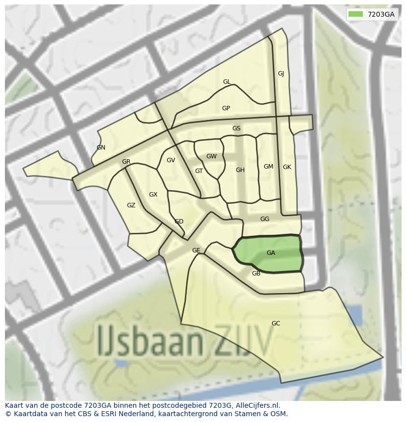 Afbeelding van het postcodegebied 7203 GA op de kaart.