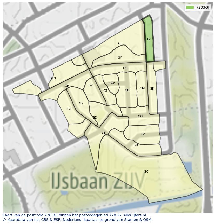 Afbeelding van het postcodegebied 7203 GJ op de kaart.