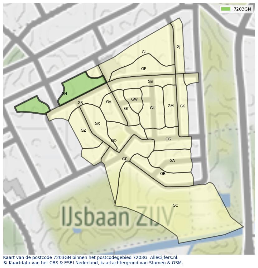 Afbeelding van het postcodegebied 7203 GN op de kaart.