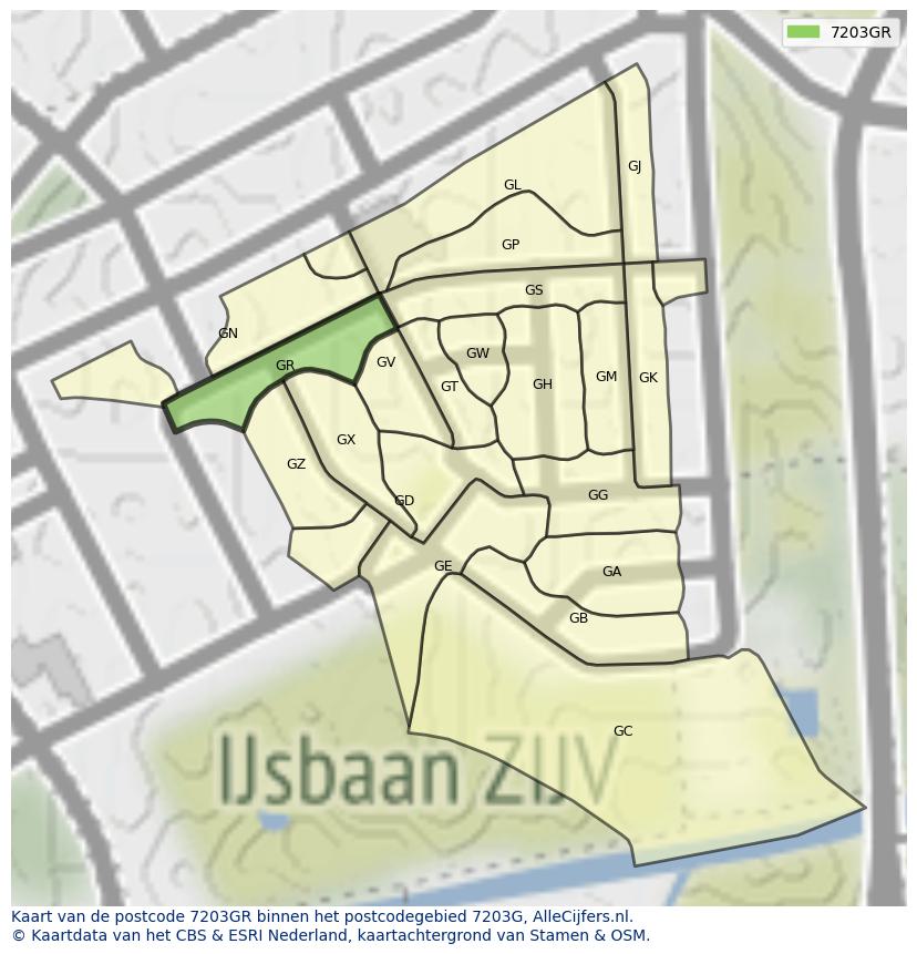Afbeelding van het postcodegebied 7203 GR op de kaart.