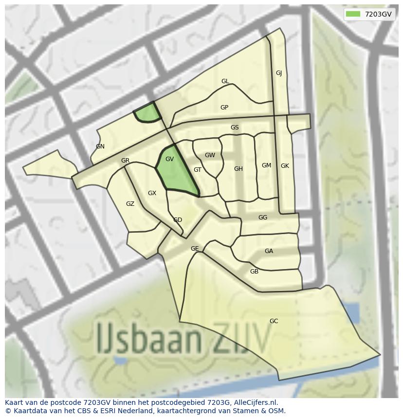 Afbeelding van het postcodegebied 7203 GV op de kaart.