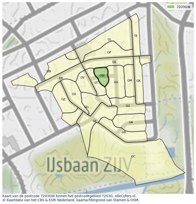 Afbeelding van het postcodegebied 7203 GW op de kaart.