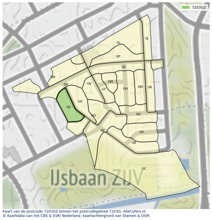 Afbeelding van het postcodegebied 7203 GZ op de kaart.