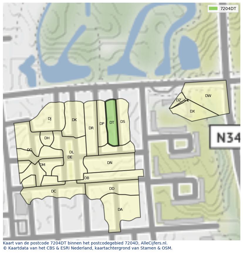 Afbeelding van het postcodegebied 7204 DT op de kaart.