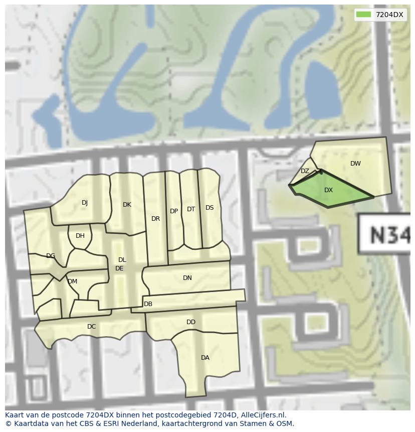 Afbeelding van het postcodegebied 7204 DX op de kaart.