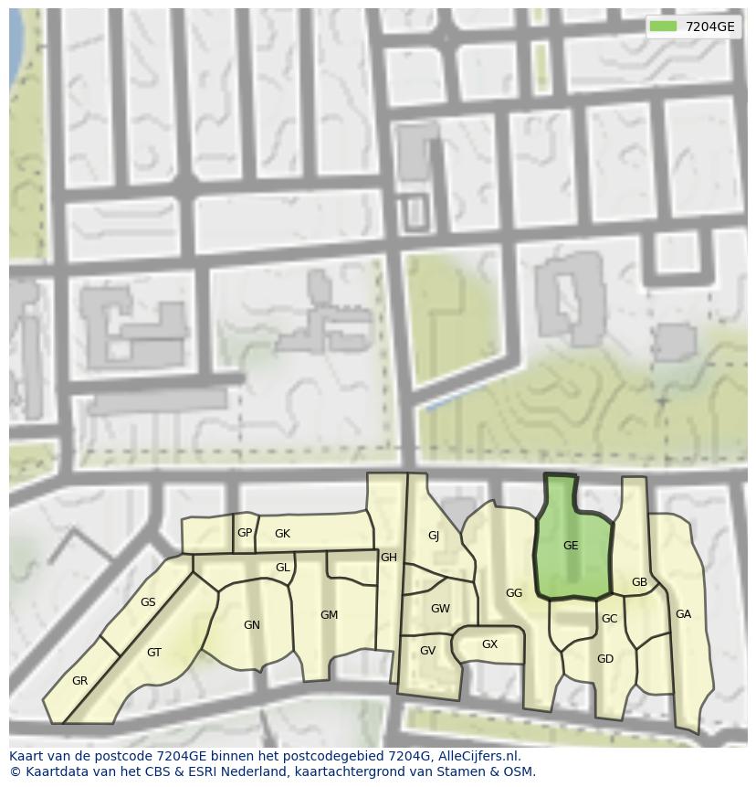 Afbeelding van het postcodegebied 7204 GE op de kaart.