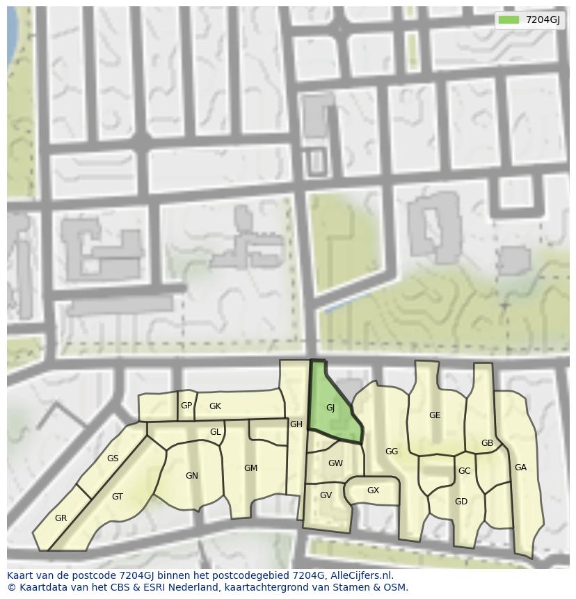 Afbeelding van het postcodegebied 7204 GJ op de kaart.