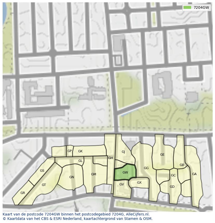 Afbeelding van het postcodegebied 7204 GW op de kaart.