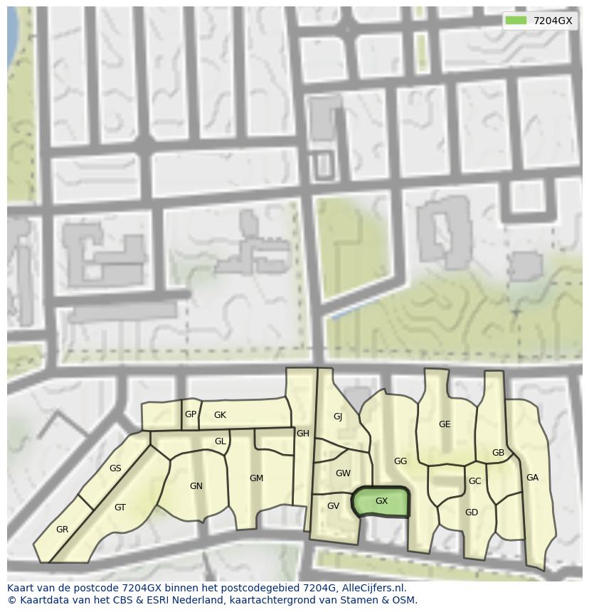Afbeelding van het postcodegebied 7204 GX op de kaart.