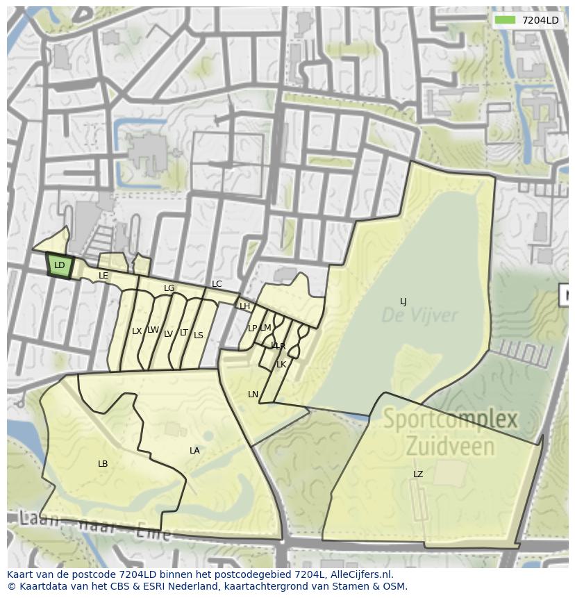 Afbeelding van het postcodegebied 7204 LD op de kaart.