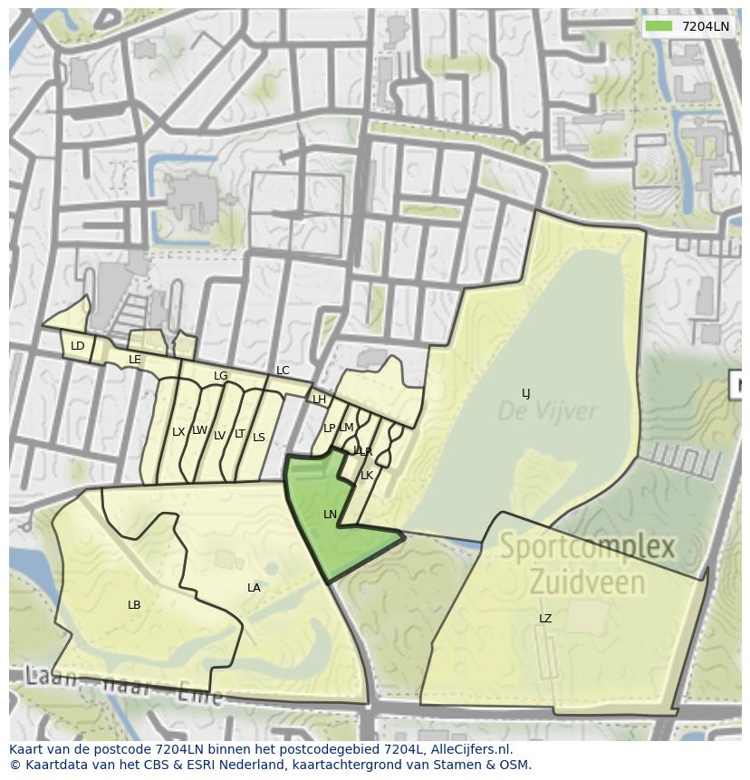 Afbeelding van het postcodegebied 7204 LN op de kaart.