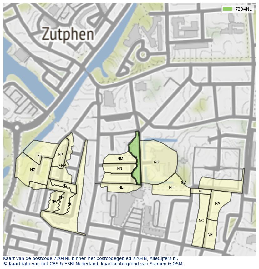 Afbeelding van het postcodegebied 7204 NL op de kaart.