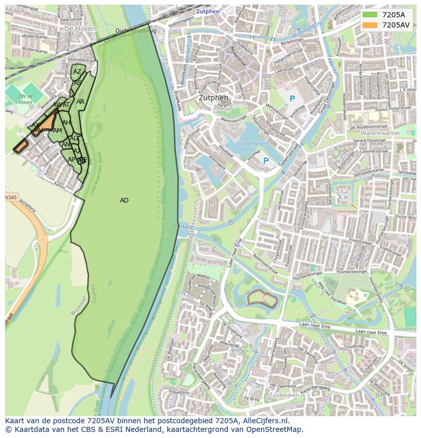Afbeelding van het postcodegebied 7205 AV op de kaart.