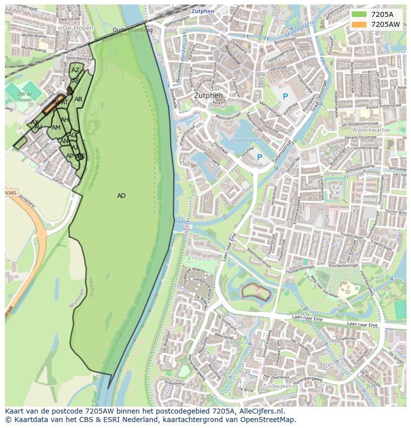 Afbeelding van het postcodegebied 7205 AW op de kaart.