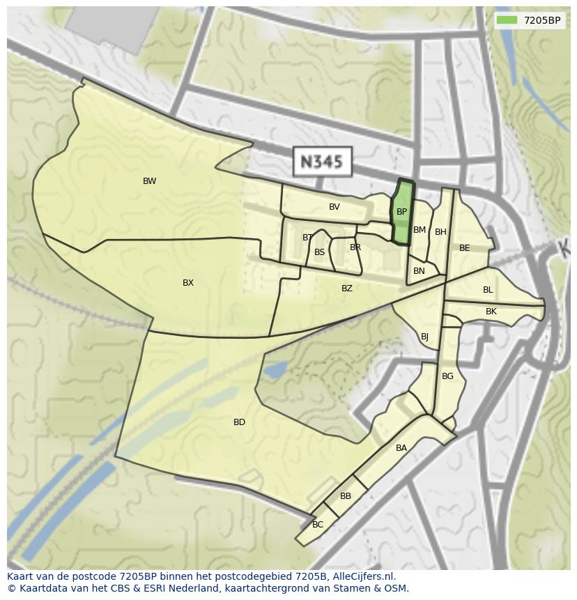 Afbeelding van het postcodegebied 7205 BP op de kaart.