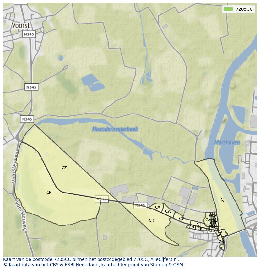 Afbeelding van het postcodegebied 7205 CC op de kaart.