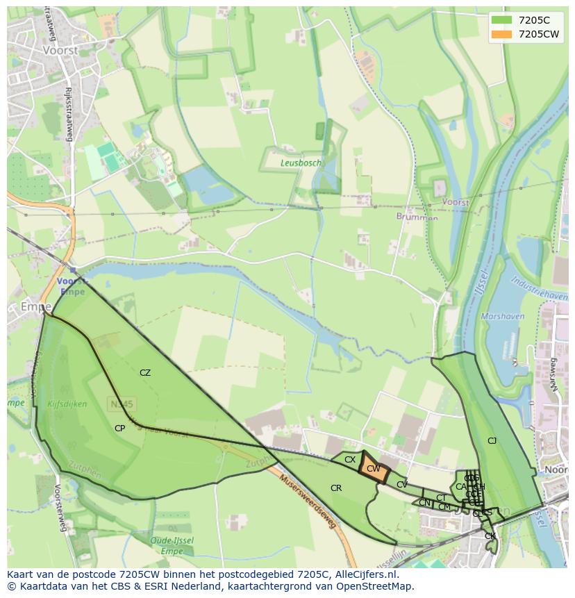 Afbeelding van het postcodegebied 7205 CW op de kaart.