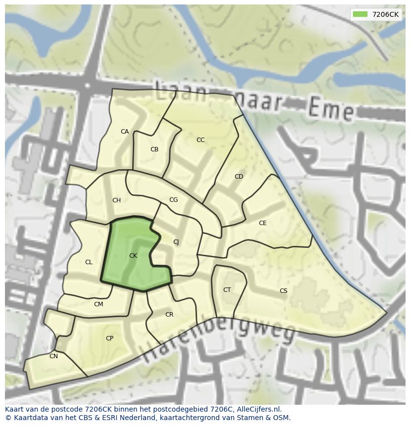 Afbeelding van het postcodegebied 7206 CK op de kaart.