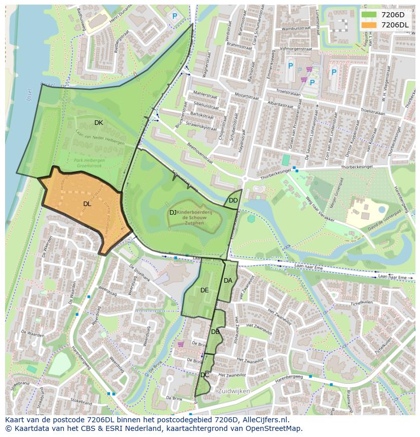 Afbeelding van het postcodegebied 7206 DL op de kaart.