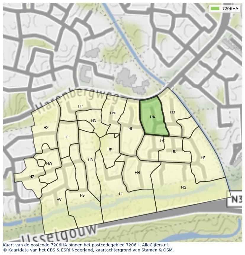 Afbeelding van het postcodegebied 7206 HA op de kaart.