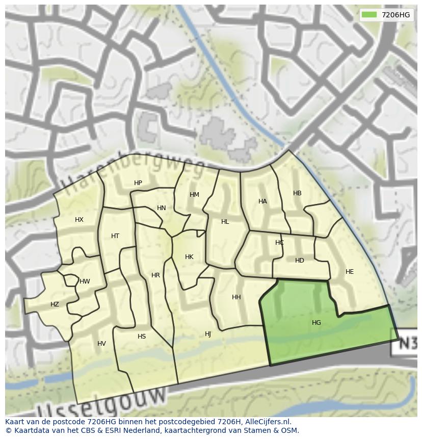 Afbeelding van het postcodegebied 7206 HG op de kaart.