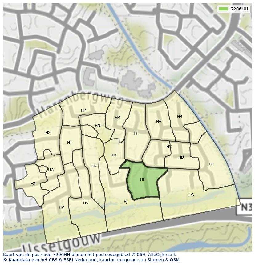 Afbeelding van het postcodegebied 7206 HH op de kaart.