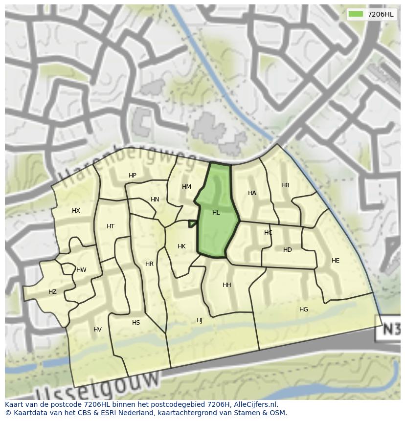 Afbeelding van het postcodegebied 7206 HL op de kaart.