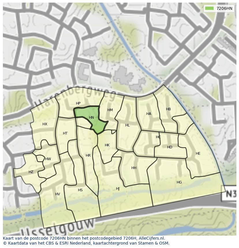 Afbeelding van het postcodegebied 7206 HN op de kaart.