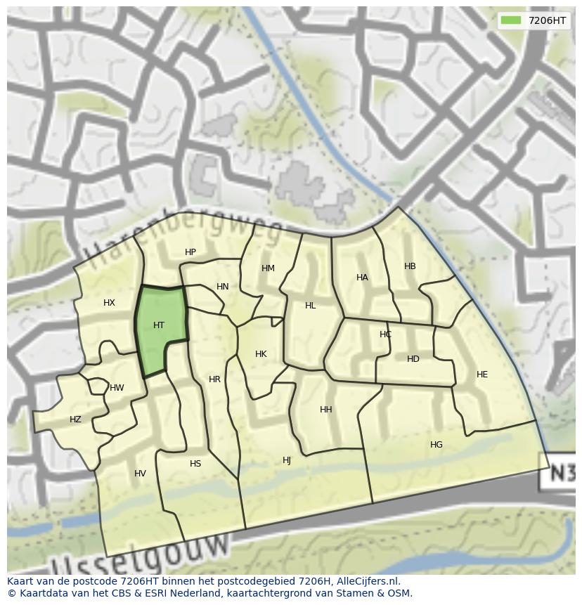 Afbeelding van het postcodegebied 7206 HT op de kaart.