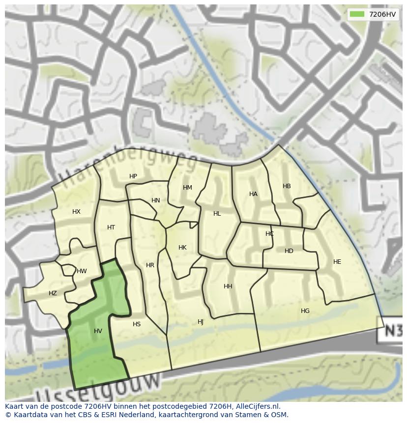 Afbeelding van het postcodegebied 7206 HV op de kaart.