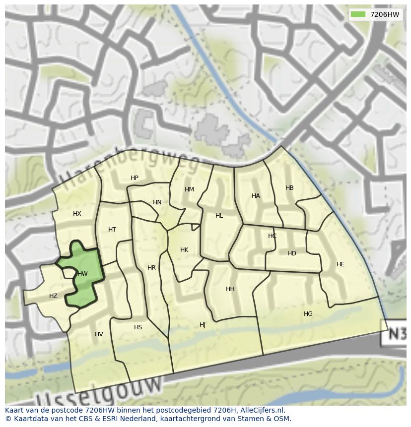 Afbeelding van het postcodegebied 7206 HW op de kaart.