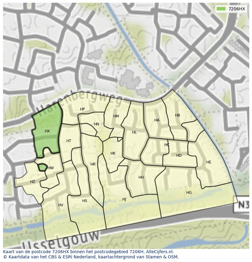 Afbeelding van het postcodegebied 7206 HX op de kaart.