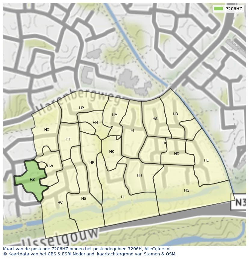 Afbeelding van het postcodegebied 7206 HZ op de kaart.