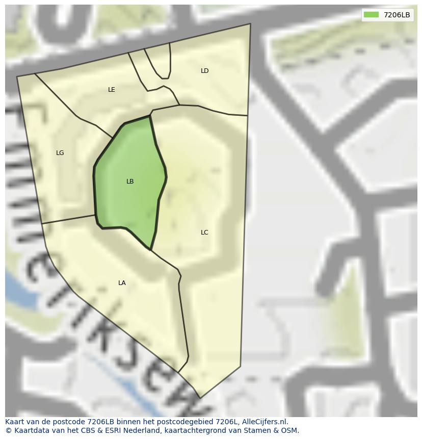 Afbeelding van het postcodegebied 7206 LB op de kaart.