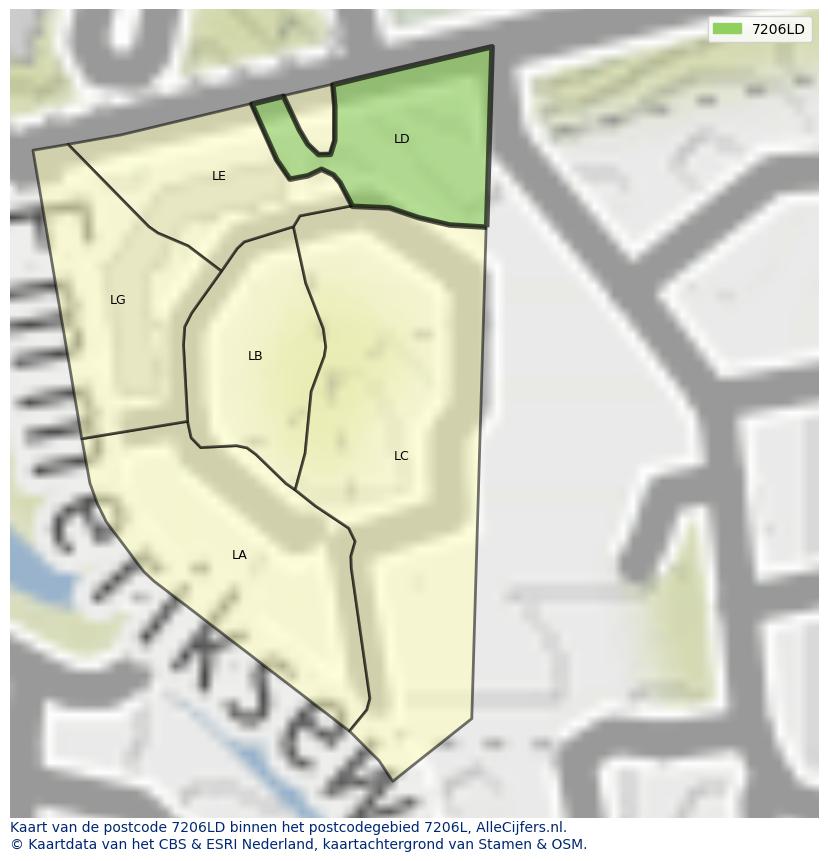 Afbeelding van het postcodegebied 7206 LD op de kaart.