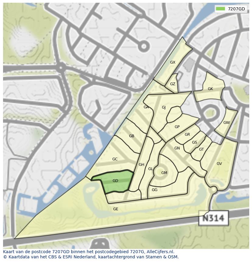 Afbeelding van het postcodegebied 7207 GD op de kaart.