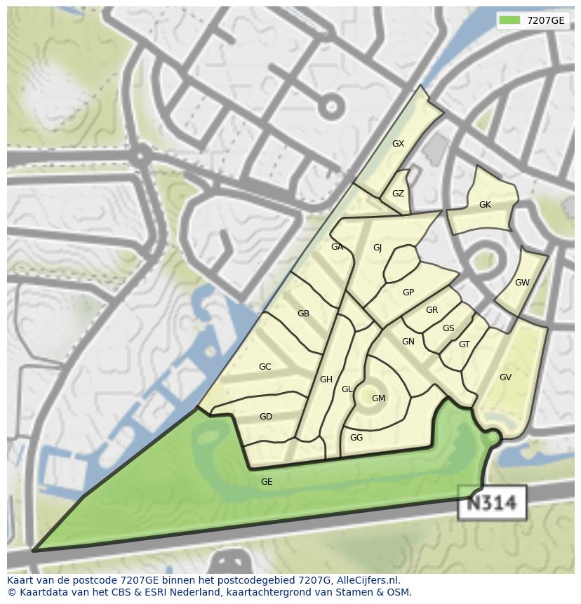 Afbeelding van het postcodegebied 7207 GE op de kaart.