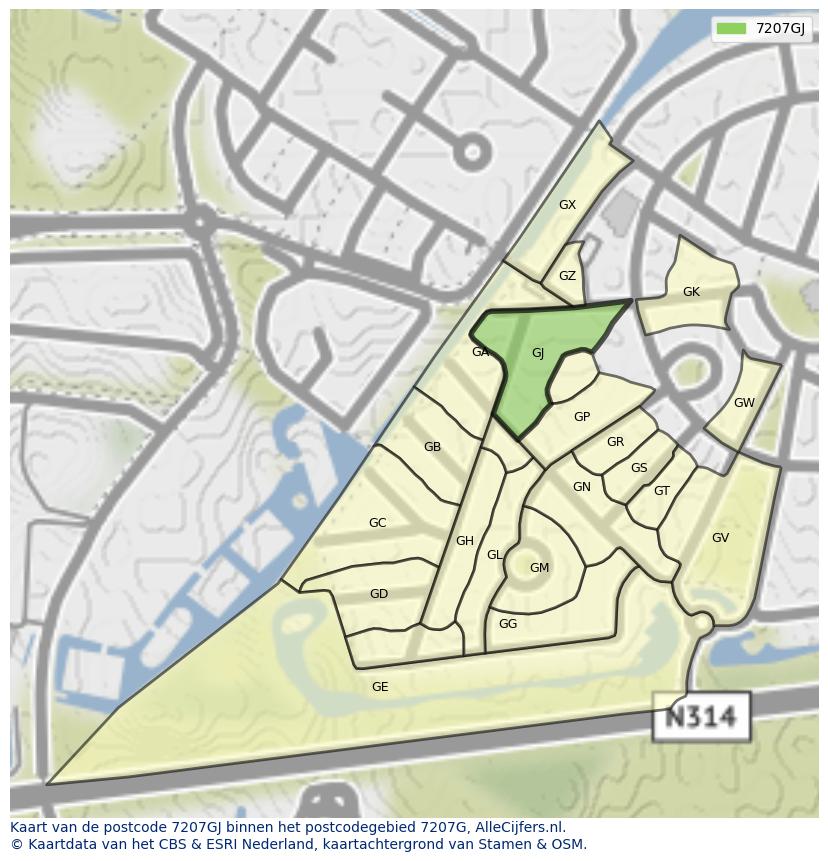 Afbeelding van het postcodegebied 7207 GJ op de kaart.