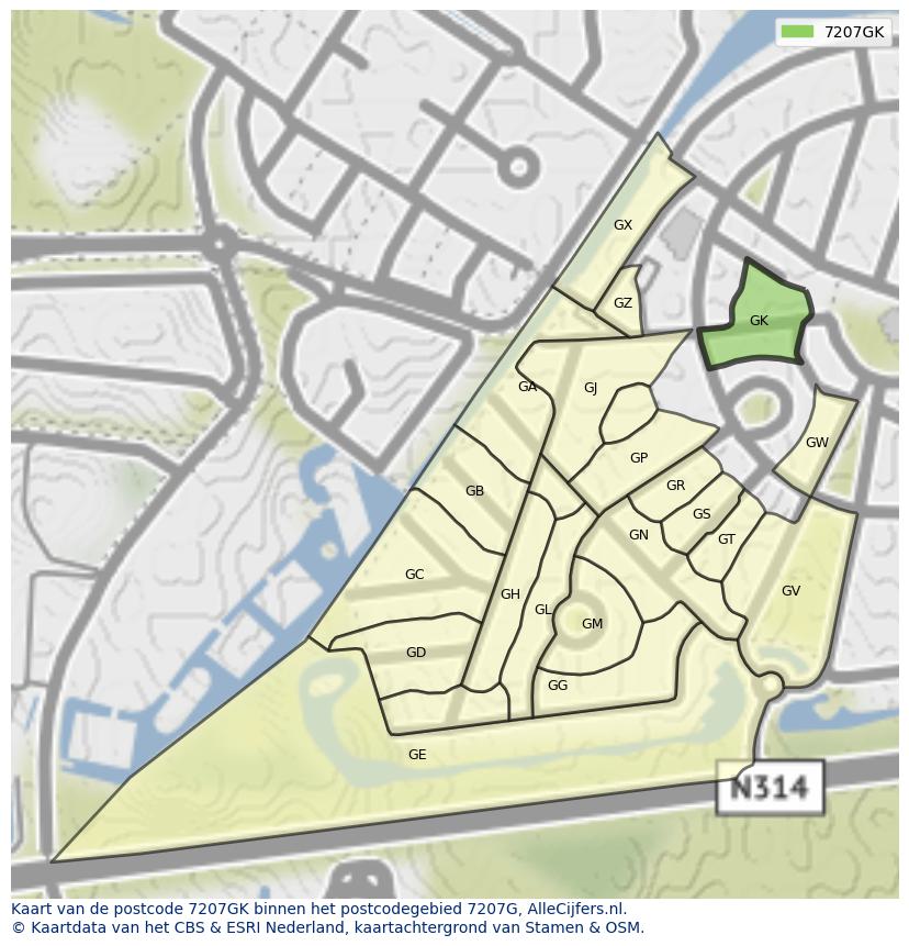 Afbeelding van het postcodegebied 7207 GK op de kaart.